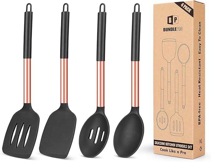 Pack of 4 Silicone Cooking Utensils Set, Non Stick Large Solid Spatulas, Heat Resistant Rose Gold Black Slotted Spoons, Ideal BPA Free Kitchen Turners for Frying, Mixing,Serving,Draining,Turning by BUNDLEPRO