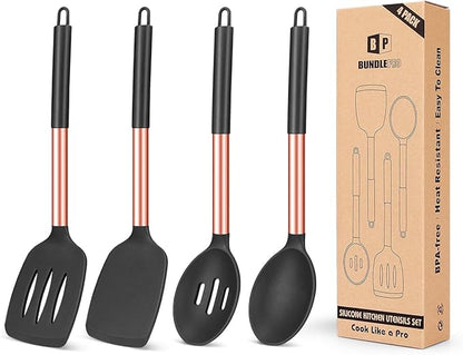 Pack of 4 Silicone Cooking Utensils Set, Non Stick Large Solid Spatulas, Heat Resistant Rose Gold Black Slotted Spoons, Ideal BPA Free Kitchen Turners for Frying, Mixing,Serving,Draining,Turning by BUNDLEPRO