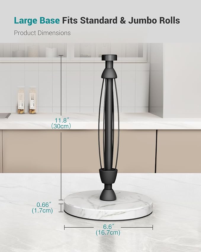 Paper Towel Holder Countertop, Marble Weighted Base, Glossy Black, One-Handed Tear, Freestanding Paper Towel Stand Rack with Ratchet Mechanism for Kitchen Toilet Bathroom Essentials Decor Accessories - Image 7