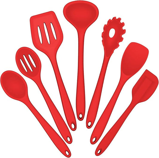Silicone Cooking Utensils Set, E-far 7-Piece Red Heat Resistant Kitchen Utensils Set, Kitchen Nonstick Tools Spatula Ladle Spoon Pasta Server for Non-stick Cookware, Non-Toxic & Dishwasher safe by E-far