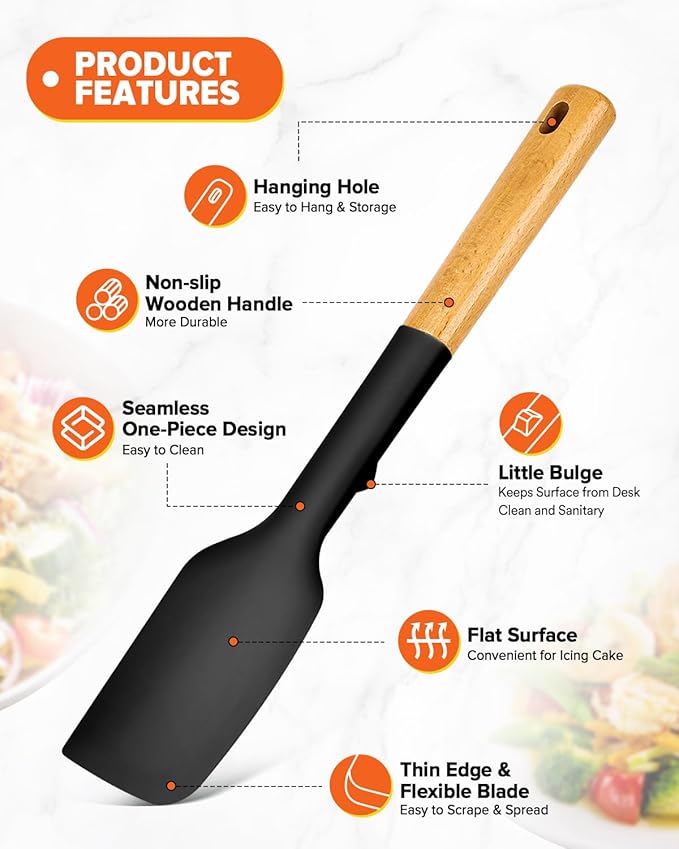 Silicone Heavy-Duty Spatula, Great For Tough Mixing And Stirring, Sturdy Bpa-Free Matte Silicone, Wooden Handle Rubber Scraper For Nonstick Cookwares (BLACK)