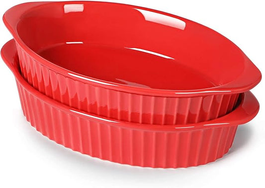 LEETOYI Porcelain Small Oval Au Gratin Pans, Baking Dish Set for 1 or 2 person servings, Bakeware with Double Handle for Kitchen and Home, Set of 2 (Red) by LEETOYI