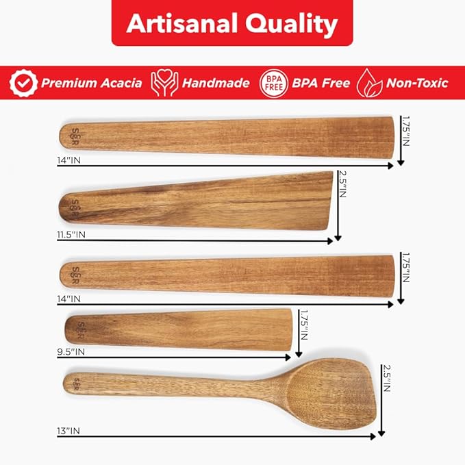 SLATE & ROYCE 5-Piece Acacia Wood Utensil Set, Non-Toxic Wooden Kitchen Tools with Tapered Edges, Heat-Resistant, For Non-Stick Frying Pan, Cast Iron Skillet, Flat Spatulas, Scraper & Spoon Set