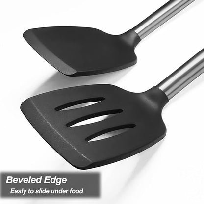 2 Pack Spatulas, Solid & Slotted Silicone Spatula Set, Stainless Steel Handle Coated with Silicone, Non Stick Turners, Heat Resistant Rubber Spatulas for Fish, Eggs, Pancakes, WOK, Black - Image 7