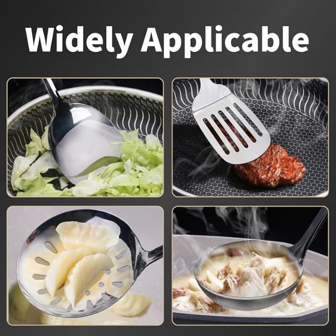 Stainless Steel Cooking Utensils Set, 5 Pcs Stainless Steel Kitchen Utensils Set, Wok Utensils Set Include Wok Ladle, Slotted Spoon, Soup, Wok Spatula and Slotted Spatula - Image 4