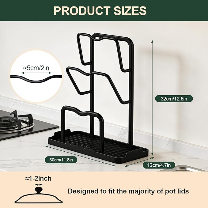 Kitchen Pot Lid Storage Rack: Carbon Steel Double Layer Pot Lid Organizer with Tray, Multifunctional Pot Lid Holder While Cooking, Saving Space Organizer Storage for Kitchen Countertop (Black) - Image 4