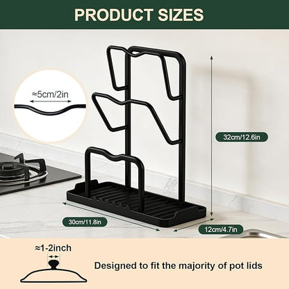 Kitchen Pot Lid Storage Rack: Carbon Steel Double Layer Pot Lid Organizer with Tray, Multifunctional Pot Lid Holder While Cooking, Saving Space Organizer Storage for Kitchen Countertop (Black) - Image 4