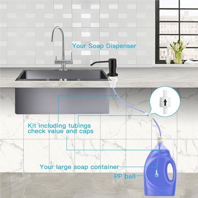 OHiHi Dish Soap Dispenser for Kitchen Sink, Countertop Sink Soap Dispenser Water Pump with 47” No-Spill Extension Tube Kit Design for Kitchen Bathroom, Easy to Press, No More Refills （Black） - Image 3