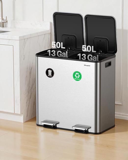 Dual Trash and Recycling Bins for Kitchen, 2×13 Gallon (2× 50L) Stainless Steel Trash and Recycle Bin Combo with Soft-Close Lid, Large Garbage Cans for Kitchen Home with 2 Magnets Sticker, Silver