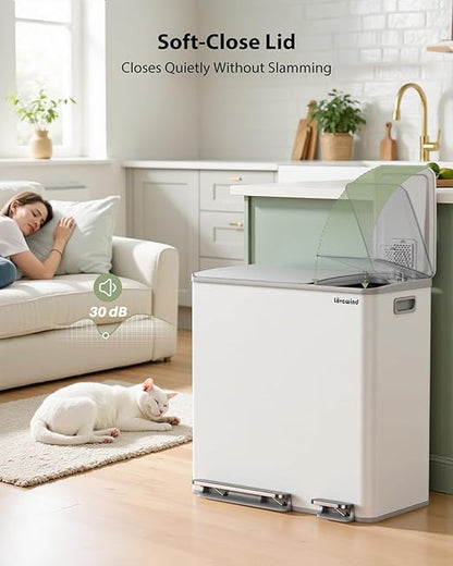 Dual Trash and Recycling Bins for Kitchen, 13.2 + 5.2 Gal (50+20L) Stainless Steel Trash and Recycle Bin Combo with Soft-Close Lid, Large Garbage Cans for Kitchen Home with 2 Magnets Sticker, White