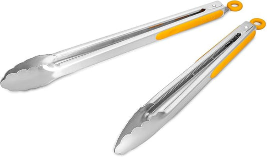 304 Stainless Steel Kitchen Cooking Tongs, 12" and 14" Set of 2 Sturdy Grilling Barbeque Brushed Locking Food Tongs with Ergonomic Grip, Orange by ALLWIN-HOUSEWARE