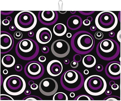 Purple Black White Geometric Circle Pattern Dish Drying Mat for Kitchen Counter, 18x24 inch Absorbent Reversible Microfiber Kitchen Countertop Protector Dishes Drying Pad for Dishes, Sink, Coffee Bar