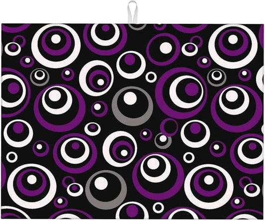 Purple Black White Geometric Circle Pattern Dish Drying Mat for Kitchen Counter, 18x24 inch Absorbent Reversible Microfiber Kitchen Countertop Protector Dishes Drying Pad for Dishes, Sink, Coffee Bar