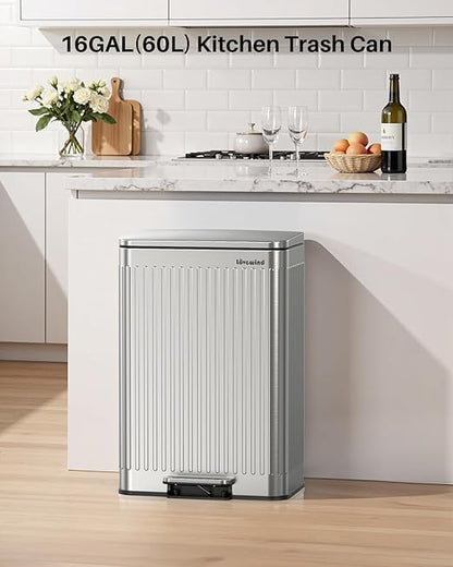 Lovewind 60 Liter/ 16 Gallon Stainless Steel Trash Can with Soft-Close Lid, Large Footstep Garbage Can with Roman Texture, Removable Inner Buckets, Recycling Bin for Kitchen Office, Silver
