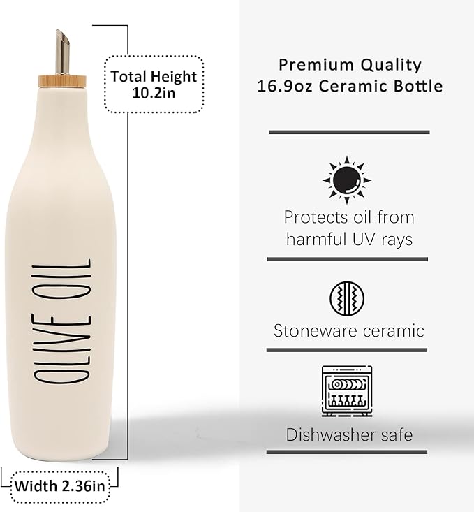 HOMCDALY Ceramic Olive Oil Dispenser for Kitchen, Stoneware 16oz Oil Cruet and Vinegar Bottles Dispenser, Kitchen Dispenser Bottle for EVOO Vinegar Syrups, Modern Farmhouse Design(W-O) - Image 3