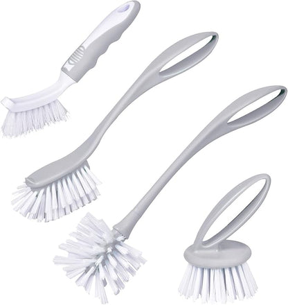 Dish & Bottle Brush Set, 4-Piece Kitchen Cleaning Brushes, Gray, Plastic Handles, Medium Bristles (Nylon or Polyester) by Perastra