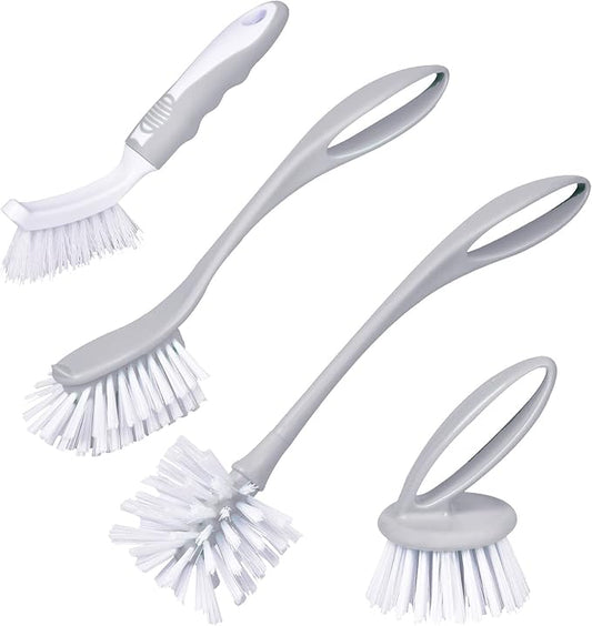 Dish & Bottle Brush Set, 4-Piece Kitchen Cleaning Brushes, Gray, Plastic Handles, Medium Bristles (Nylon or Polyester) by Perastra
