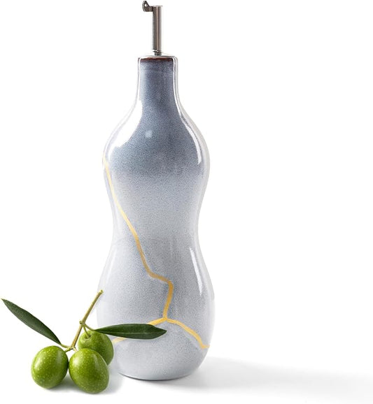BosilunLife Ceramic Olive Oil Dispenser Bottle, 14 Oz Oil Cruet with Elegant Gold Accent & Curved Ergonomic Design, Non‑Drip Vinegar Bottle for Kitchen & Dining, Light Blue
