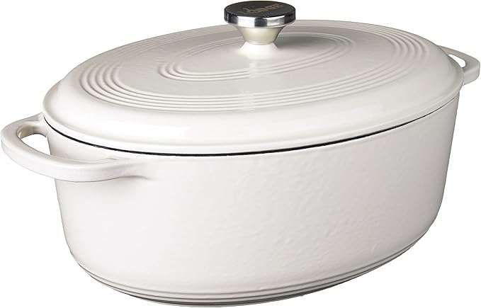 Lodge 7 Quart Enameled Cast Iron Oval Dutch Oven with Lid – Dual Handles – Oven Safe up to 500° F or on Stovetop - Use to Marinate, Cook, Bake, Refrigerate and Serve – Oyster White by Lodge