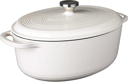 Lodge 7 Quart Enameled Cast Iron Oval Dutch Oven with Lid – Dual Handles – Oven Safe up to 500° F or on Stovetop - Use to Marinate, Cook, Bake, Refrigerate and Serve – Oyster White by Lodge