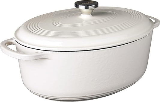 Lodge 7 Quart Enameled Cast Iron Oval Dutch Oven with Lid – Dual Handles – Oven Safe up to 500° F or on Stovetop - Use to Marinate, Cook, Bake, Refrigerate and Serve – Oyster White by Lodge