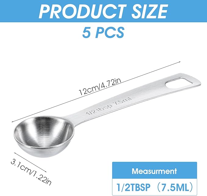 5 PCS Measuring Spoons Tablespoon Measuring Spoon 1/2 tbsp (1.5 tsp | 7.5 ml | 7.5 cc| 1/4 oz) Stainless Steel Measurings Spoons for Kitchen Cooking Spoon(Silver)