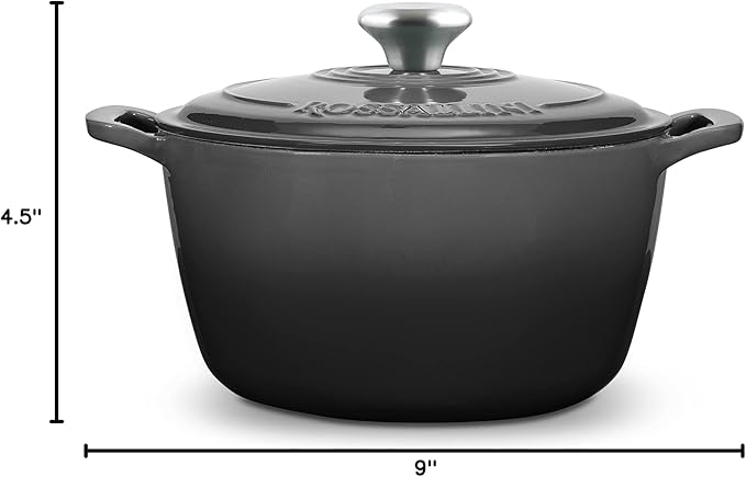 ROSSALLINI Signature Enameled Cast Iron Dutch Oven, Non-Stick Serving Pot with Tight Fitting Lid for Perfect Roasting, Baking, Sauteing, and Bread Making | 4.5Q (4.2L) - Oyster Grey