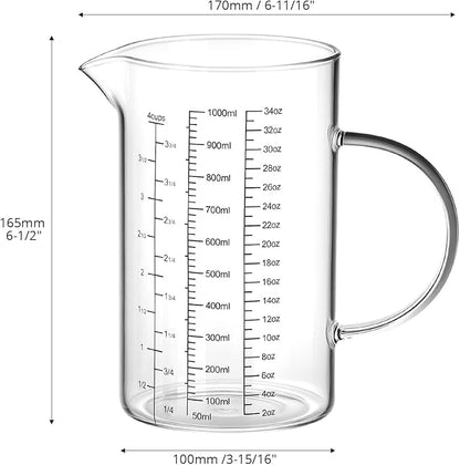 QWORK 34OZ/1000ML Glass Measuring Cup (Ml/Oz/Cup), 4 Cups Multi-Purpose Kitchen Tool with V-Shaped Spout & Handle
