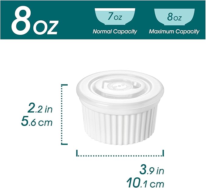 vancasso 8 oz Ramekins with Lid, Porcelain Creme Brulee Souffle Dishes, White Pudding Custard Cups Ramiken for Baking, Dishwasher and Oven Safe, Set of 6 - Image 2