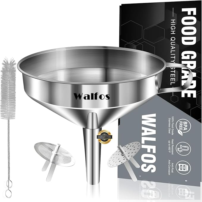 Stainless Steel Funnel, Walfos Kitchen Funnel with 2 Removable Strainer ＆ 1Pc Cleaning Brush, Perfect for Transferring of Liquid, Oils, Jam, Dry Ingredients & Powder (4.1") by Walfos