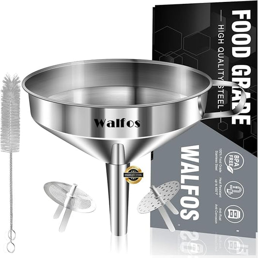 Stainless Steel Funnel, Walfos Kitchen Funnel with 2 Removable Strainer ＆ 1Pc Cleaning Brush, Perfect for Transferring of Liquid, Oils, Jam, Dry Ingredients & Powder (4.1") by Walfos