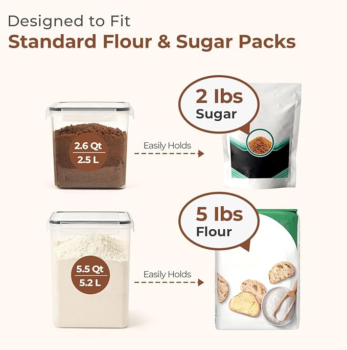 ComSaf Flour Sugar Storage Containers Set of 3 (5.2L/5.5Qt) (2.5L/2.6Qt*2), Large Airtight Food Storage Containers with Lids, Plastic Canisters Sets for Kitchen, Pantry Organizers for Rice and Baking - Image 3