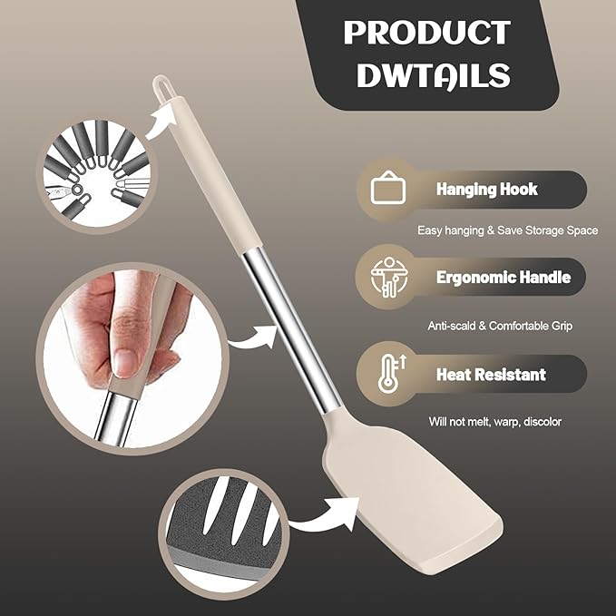 Silicone Cooking Utensils Set Utensil: 40 Pcs Black Stainless Steel Cookware Set, Nonstick Silicone Cooking Utensils Set, (Khaki) - Image 4