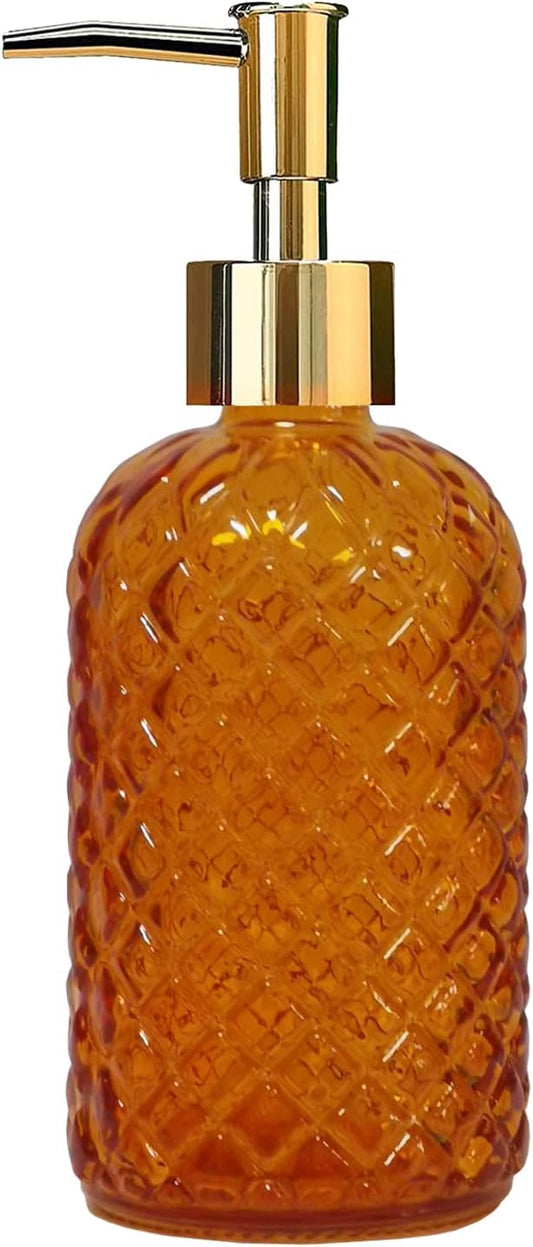 Glass Soap Dispenser with Gold Plastic Pump, 13.5oz Refillable Liquid Hand Soap Dispenser, Crystal Lotion Bottle for Modern Home Decor, Bathroom, Kitchen Countertop, Hotel(Orange)