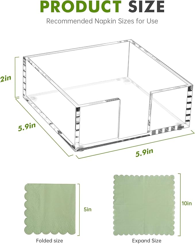 Kordory Acrylic Cocktail Napkin Holder for Table, for 5 x 5 Inches Napkin, Modern Flat Napkin Holders for Kitchen, Clear Waterproof Napkins Holder for Dinner, Home, Bar