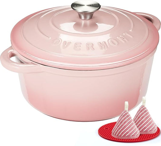 Overmont Enameled Cast Iron Dutch Oven - 4.5QT Pot with Lid Cookbook & Cotton Potholders - Heavy-Duty Cookware for Braising, Stews, Roasting, Sourdough Baking pink by Overmont