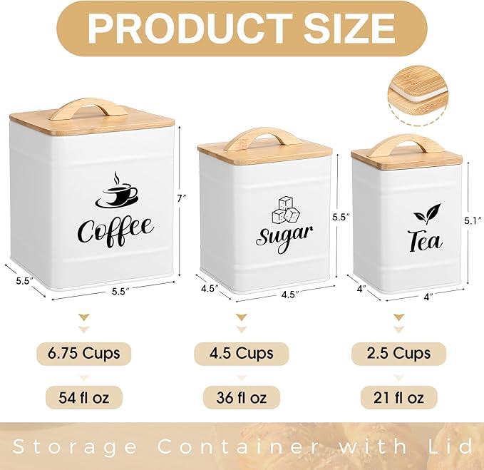 Maxdot 3 Set Coffee Sugar Tea Containers, Square Airtight Kitchen Canisters Storage Ground Organization with Bamboo Lids Rustic Metal Jars for Coffee Bar Beans, Tea Leaves, Food, Countertop(Cream) - Image 2