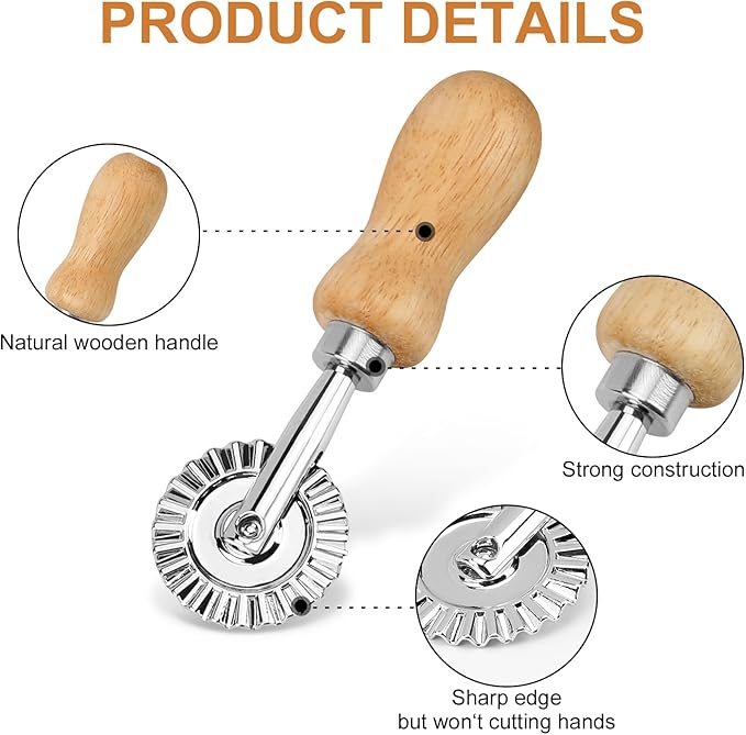 TACGEA Ravioli Stamp Maker Cutter with Roller Wheel (Set of 4), Wooden Handle and Fluted Edge, for Ravioli, Pasta, Dumplings Lasagna, Pierogi - Image 4