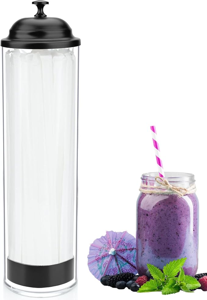 13.5 inch Straw Holder for Standard & Long Bended Size Drinking Straws, Acrylic Plastic Straw Dispenser with Lid, Black, Heavy Duty, 1 Piece