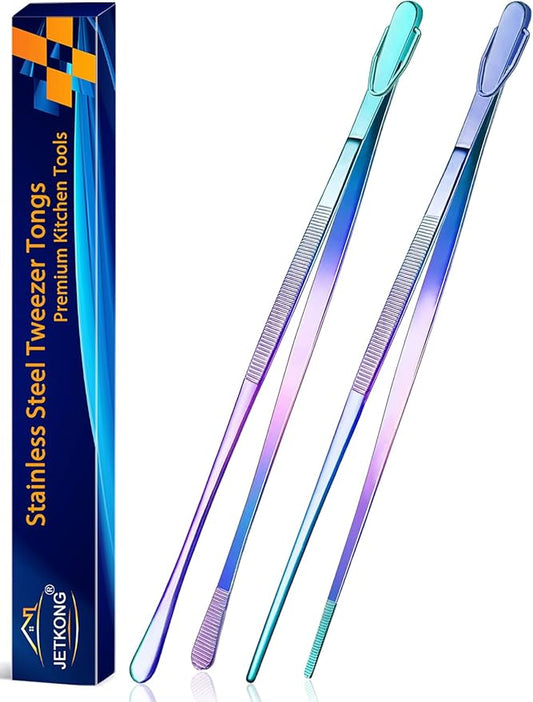 JETKONG 2 Pcs 14-Inch Culinary Tweezers Extra Long Food Tweezers Kitchen Tweezer Tongs for Cooking Grilling and BBQ (Rainbow) by JETKONG
