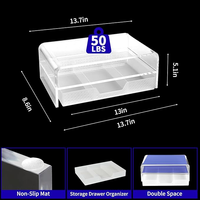 OPNICE Acrylic Clear Desk Organizers and Accessories, 2-Tier Computer Monitor Stand Riser with Drawer, Laptop Stand, Office Desk Accessories for Office Supplies, Transparent - Image 7
