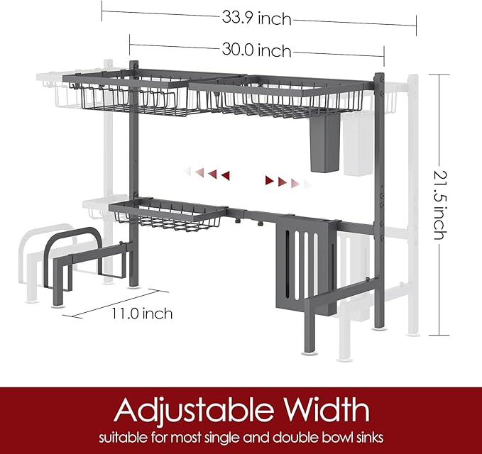 Sakugi Over The Sink Dish Drying Rack - Adjustable 2 Tier Large Capacity Stainless Steel Drainer with Cutlery & Utensil Holders, Kitchen Storage & Organization, 30"-33.9" L x 11" W x 21.5" H, Gray - Image 3