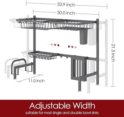 Sakugi Over The Sink Dish Drying Rack - Adjustable 2 Tier Large Capacity Stainless Steel Drainer with Cutlery & Utensil Holders, Kitchen Storage & Organization, 30"-33.9" L x 11" W x 21.5" H, Gray - Image 3