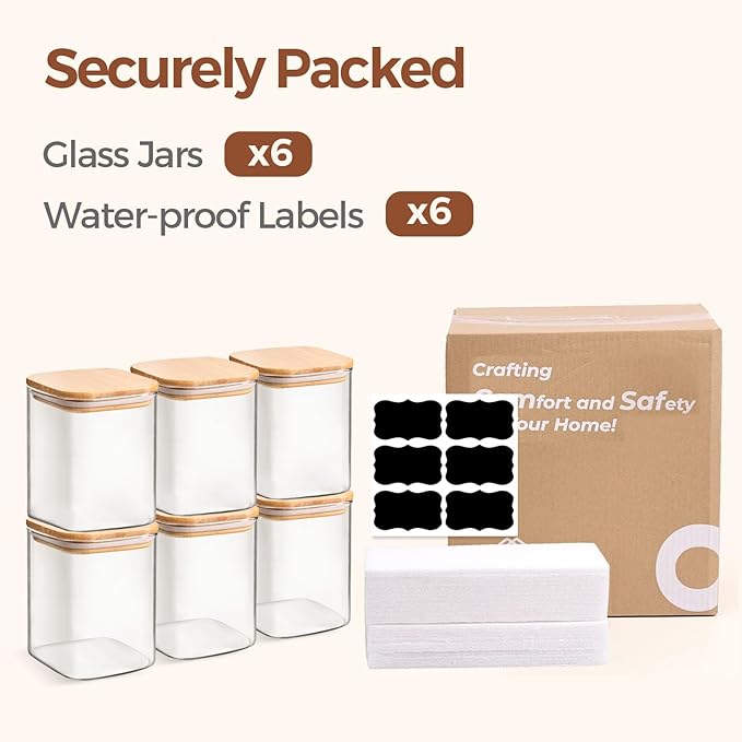 ComSaf 0.8 Qt Glass Food Storage Jars Set of 6, Clear Storage Containers with Airtight Lids, Pantry Organization Jar, Spice Jar, Blooming Tea, Oat, Coffee and Sugar Container, Canister Set for Kitchen - Image 8