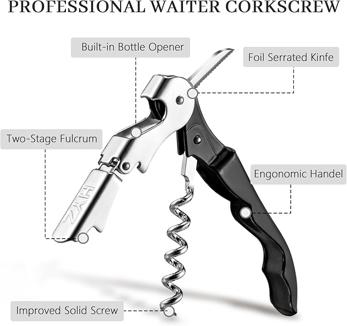 HYZ 2-Pack Wine Opener Waiter Corkscrew, Professional Wine Key for Servers, Bartender, with Foil Cutter, Manual Wine Bottle Opener Double Hinged (Black) - Image 3