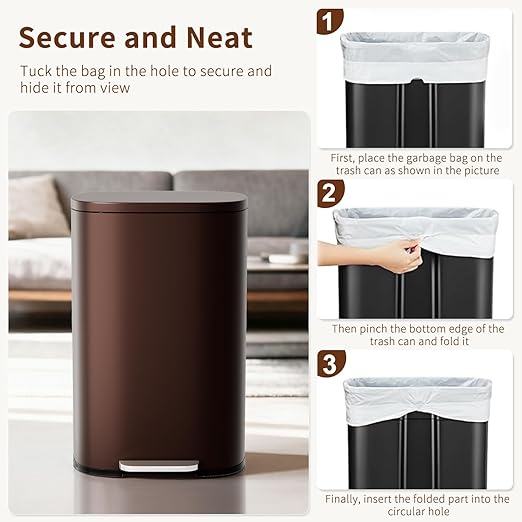 PayLessHere Stainless Steel Trash Can with Lid - Removable Inner Bucket, Foot Pedal Soft Close for Office, Home, Kitchen Garbage Bin (Brown, 13 G) - Image 6