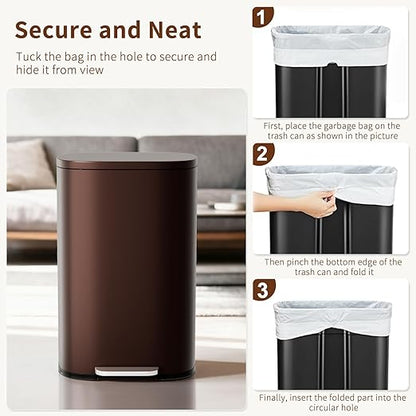 PayLessHere Stainless Steel Trash Can with Lid - Removable Inner Bucket, Foot Pedal Soft Close for Office, Home, Kitchen Garbage Bin (Brown, 13 G) - Image 6