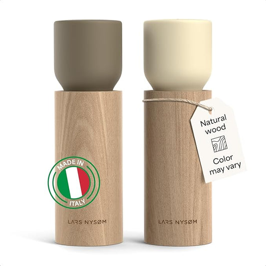 LARS NYSØM Wooden Salt and Pepper Grinder Set Manual - Salt and Pepper Mills with Adjustable Ceramic Grinder - Elegant Beechwood Pepper and Salt Mill Set for Dining Table (Brown/Beige)