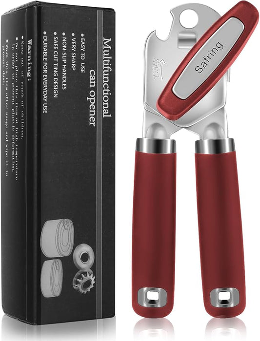 Safring Can Opener Manual, Heavy Duty Handheld Strong Can Opener with Soft Touch Handle, Sharp Blade Smooth Edge, Can Openers with Multifunctional Bottle Opener, Red by Safring