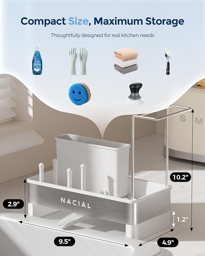 Nacial Sponge Holder for Kitchen Sink, Sink Caddy Organizer with High Brush Holder & Two Towel Racks - Rustproof 304 Stainless Steel Kitchen Countertop Storage Essentials - White - Image 2
